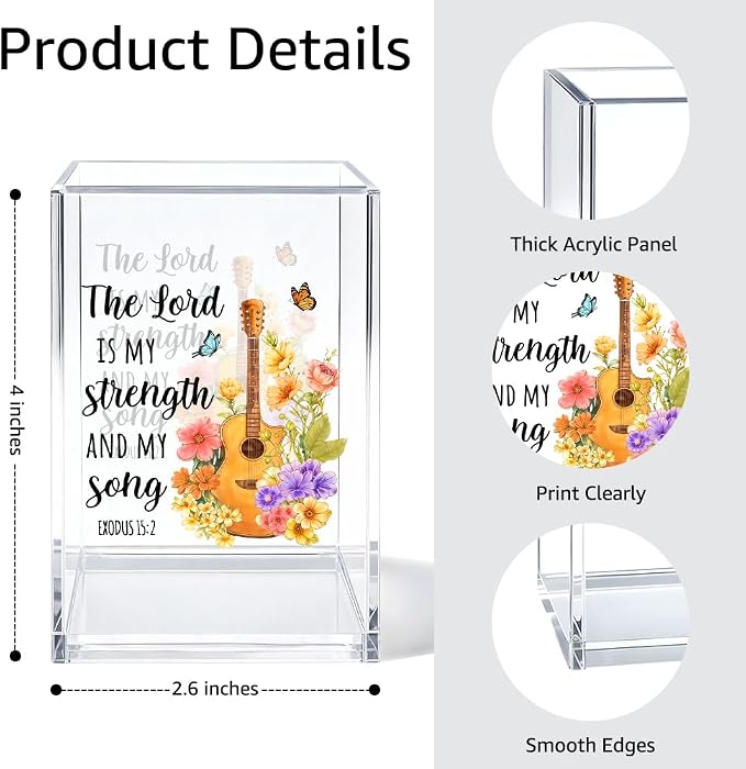 The Lord Is My Strength And My Song Pen Holder Makeup Organizer, Funny Guitar Scripture Christian Pencil Pen Holder for Desk, Exodus 15:2 Bible Verse Desk Accessories, Religious Gifts Pencil Cup