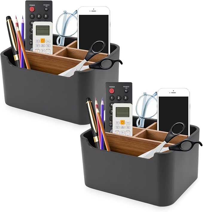 2 Pack Remote Control Holders, Desk Organizers with Dividers,Black | Set of 2 resin and wood organizers with dividers for remotes, pens, glasses, and media devices on desk, table, or nightstand