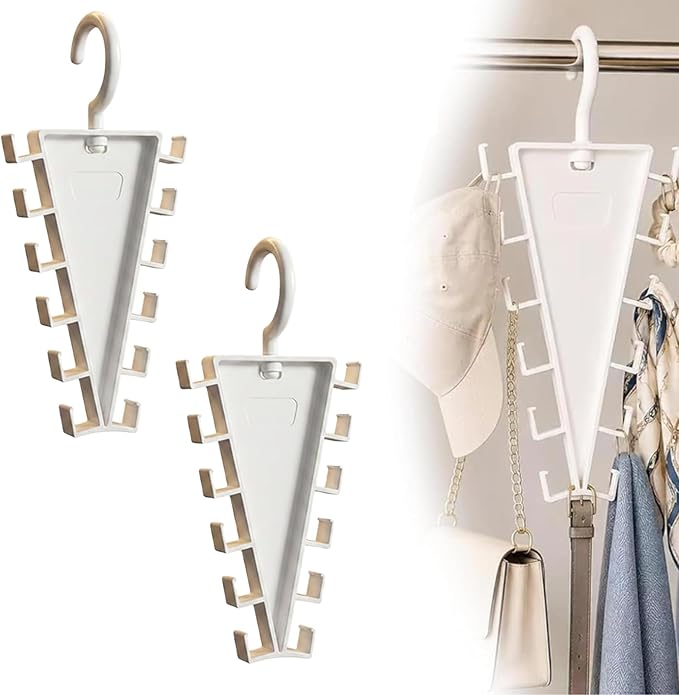 V Shaped Double-Sided Closet Organizer Hanger, 360° Rotating Multi-Layer Vertical Clothes Storage Rack with 12 Hooks, Space Saving Organizer for Hats, Scarves, Belts, Bags and Ties (2PC)