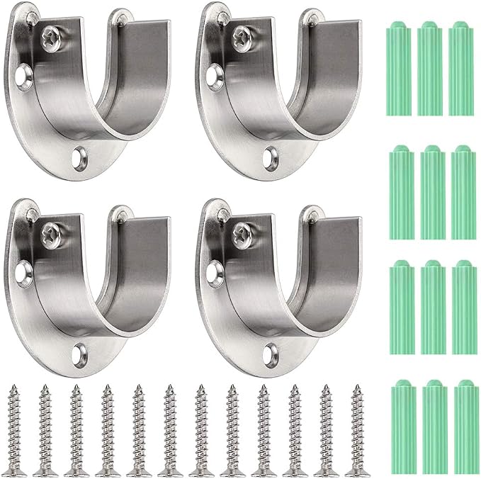 OwnMy 4 Packs Closet Rod End Supports Brackets 1-1/2" Diameter, Silver | U Shaped Stainless Steel Closet Pole Sockets, Flange Rod Holder for Closet Wardrobe Shower Curtain Rod Holders