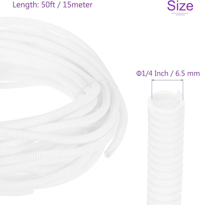 DMiotech 50ft Wire Loom Split Tubing 1/4 Inch(6.5 Mm) ID, Cord Protectors from Pet Flexible Conduit Cable Management for Office, Home, Garden, White