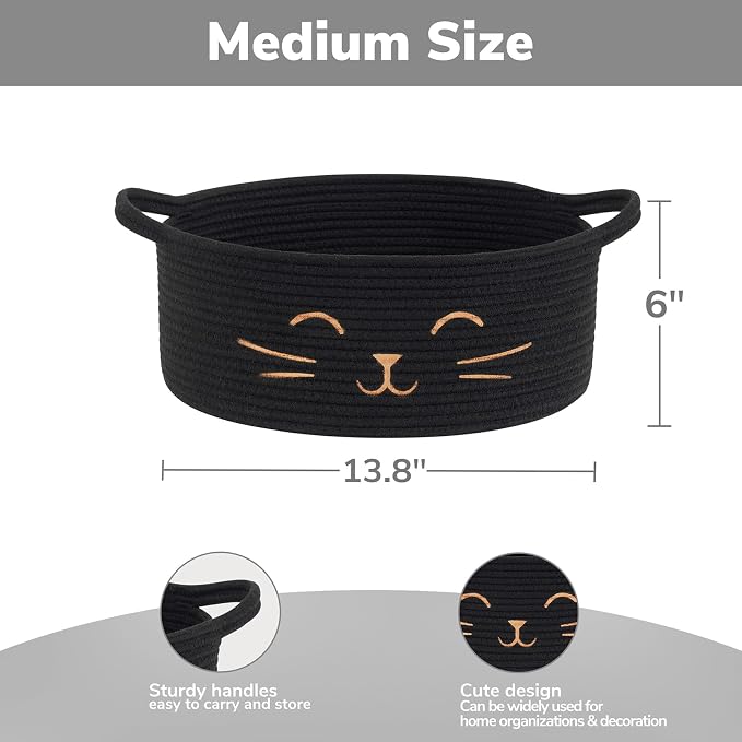 Cat Toy Basket, 13.8" x 6" Black Woven Basket for Gifts, Decorative Storage Basket for Nursery Living Room, Pet Dog Toy Storage