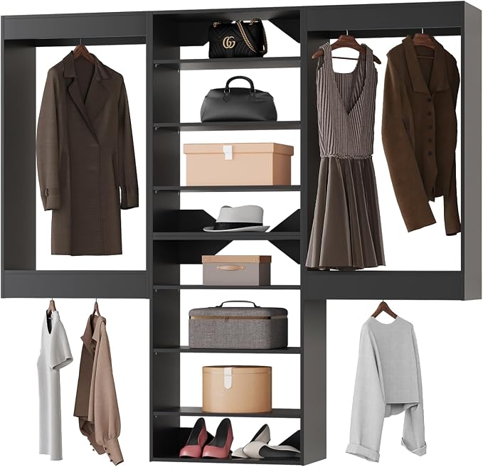 ROOMTEC Modular Closet System, 78" Wall-Mounted Closet Organizer with Hanging Rods and Shelves, Wooden Tower for Walk-In Closets, Wardrobe Storage Kit, Black