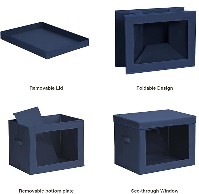 Homsorout Stackable Storage Bins with Lids - Large Storage Box with Lids, Foldable Closet Boxes for Organizing, Wardrobe Clothes Organizer with Window, Cubes Bins for Living Room, 6 Pack, Navy Blue