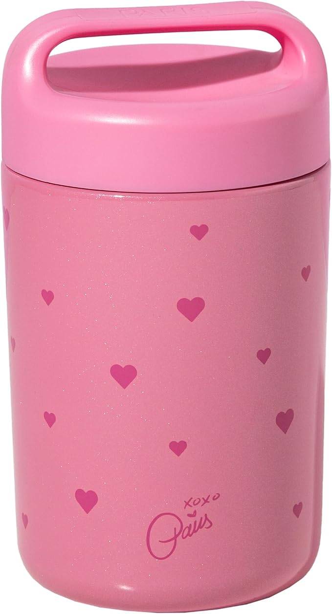 Paris Hilton Stainless Steel Food Jar, Double Wall Vacuum Sealed Insulated Food Storage Container with Carry Handle Lid, 16-Ounce, Pink with Heart Design