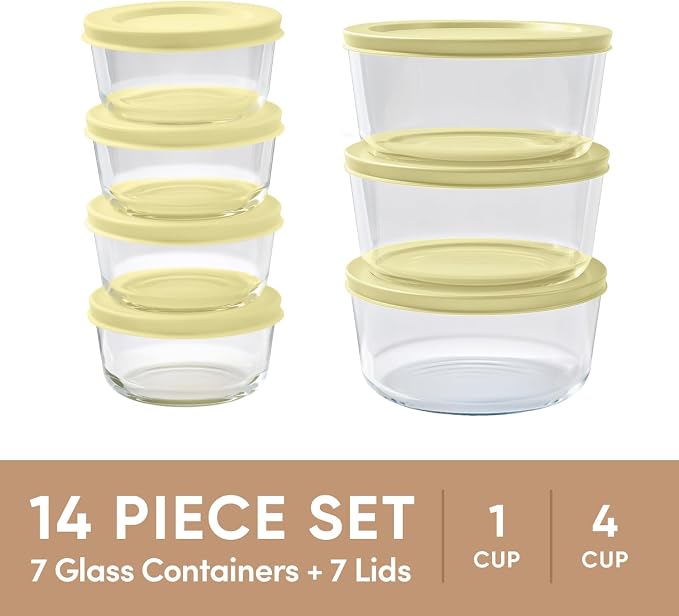 14-Piece Glass Food Storage Containers Set (7 Containers + 7 BPA-Free Lids) | 1-Cup & 4-Cup, Leakproof | Microwave, Freezer, Oven & Dishwasher Safe | Ideal for Meal Prep & Pantry Organization, Yellow