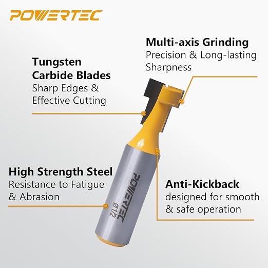 POWERTEC T Track Router Bit, Tungsten Carbide Tipped Router Bit, 1/2" Shank, 1/2" Dia., Slatwall for Picture Frames, T Track Accessories, Compatible with 1/4" T Bolts (73067)