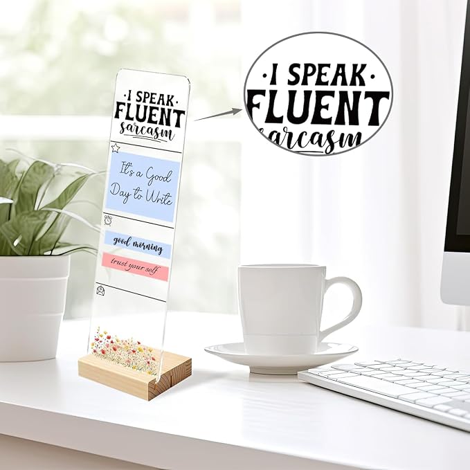 Sticky Note Holder, Monitor Memo Board, Acrylic Post It Note Holder with Wooden Base, Includes 200 Notes, Desk Organizer Fluent Sarcasm Quote