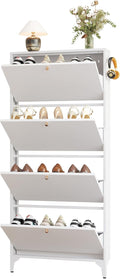 Shoe Cabinet with 4 Flip Drawers-Metal Narrow Shoe Rack for Entryway,Hallway,Living Room-Hidden Metal Shoe Cabinet-Freestanding Shoe (4 Door Width 27.56, White)