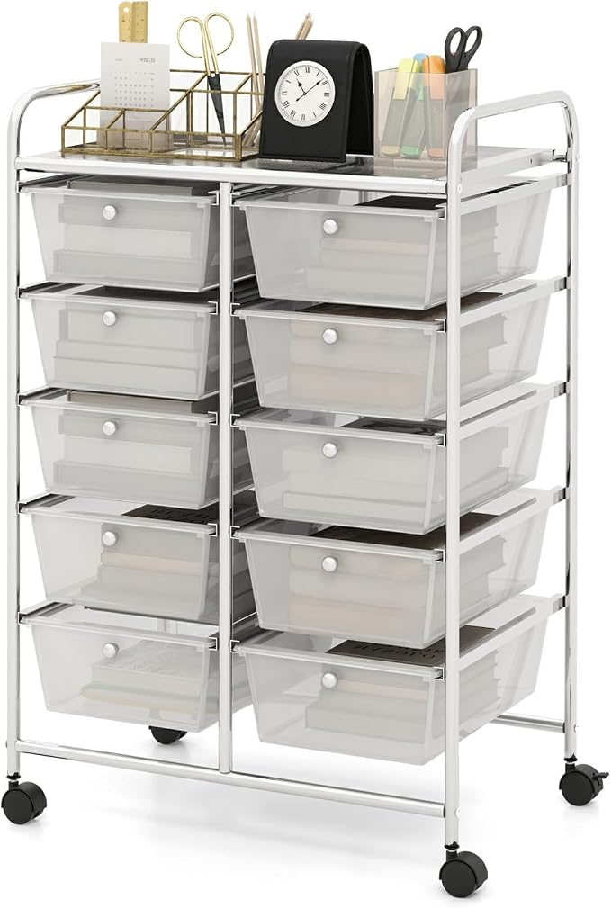 Moccha 10-Drawer Rolling Storage Cart - Under Desk Storage Drawers with wheels for Craft Art Supply Paper Salon, Scrapbook Paper Tools, Mobile Utility Cart for Classroom, Clear