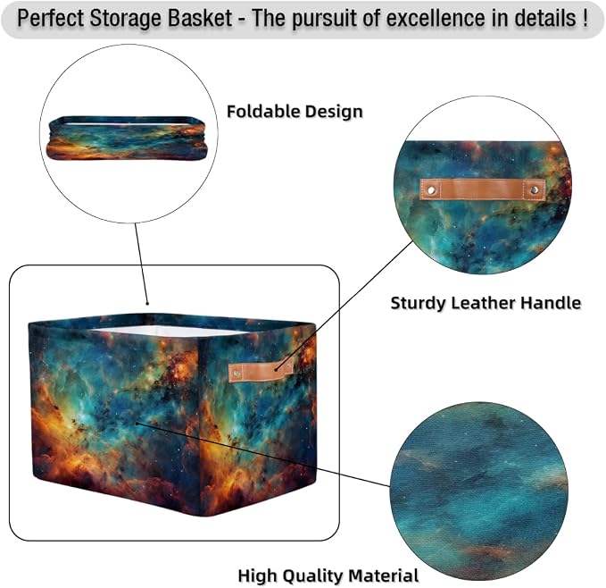 Cube Storage Bins for Shelves, Blue Orange Nebula Print Collapsible Fabric Toys Storage Basket Box with Handles for Home Office Bedroom Closet
