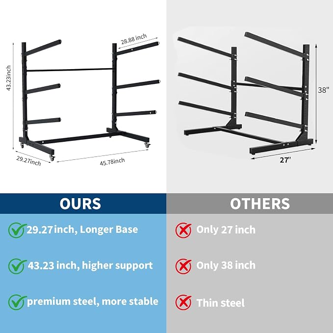 Freestanding Kayak Storage Rack with Wheels, Adjustable Kayak Racks for Garage and Outdoor, Heavy Duty Kayak Stands for Canoes, Kayaks, SUP and Surfboards