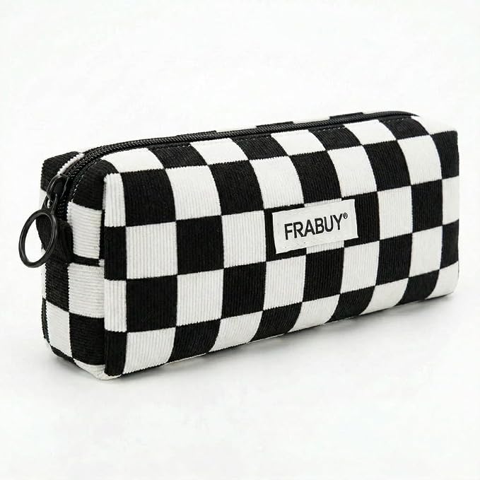 Soft Corduroy Pencil Case Pen Pouch Organizer, Small Stationery Bag | Cute black checkerboard pencil pouch, smooth zipper, daily cosmetics holder, compact organizer for school teen girls, women
