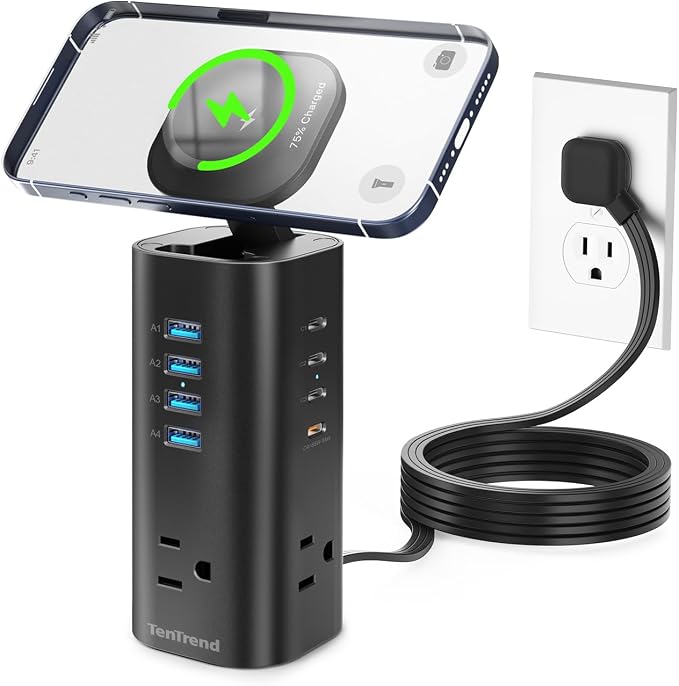 115W Fast Charging Station, TenTrend Power Strip Tower, 5FT Extension Cord | Charging Tower with 3AC Outlets & 8 USB Ports(4 USB-C), Foldable 15W Charging, Dorm, Office Desk Supplies