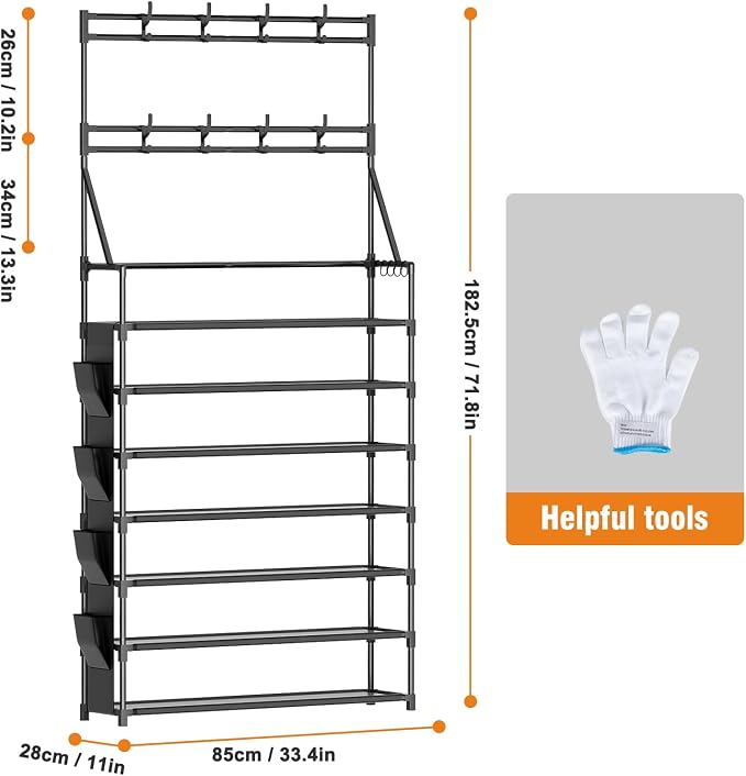 OYREL Shoe Rack 7 Tier Sturdy Shoe Racks Organizer for Closet | 28-35 Pairs Large Capacity Shoe Storage Rack with Multifunctional 5 Hooks and Side Pocket for Entrance Entryway