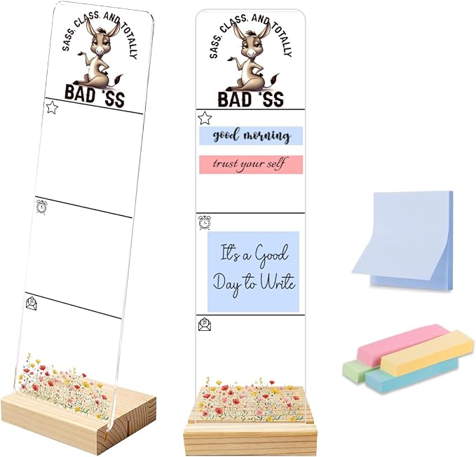Sticky Note Holder, Monitor Memo Board, Acrylic Post It Note Holder with Wooden Base, Includes 200 Notes, Desk Organizer, Funny Donkey Quote “Sass, Class, and Totally Badass”