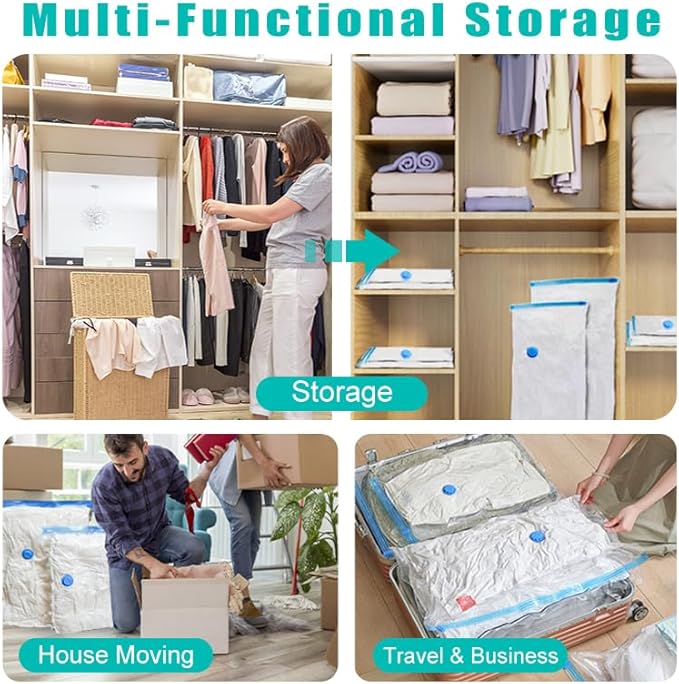 Vacuum Storage Bags, 10 Pack with Electric or Manual Pump, Space Saver Compression Bags for Clothes, Blue and White, Nylon, 4 Medium 4 Large 2 Jumbo, (E & H pump 20 Bags)