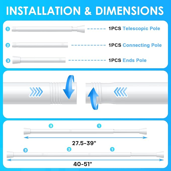 4 Pack Tension Curtain Rod for Windows 28 to 48 inch, Adjustable Extendable Pressure Spring Curtain Rod No Drilling, 7/8" Spring Tension Rod for Closet Door, White