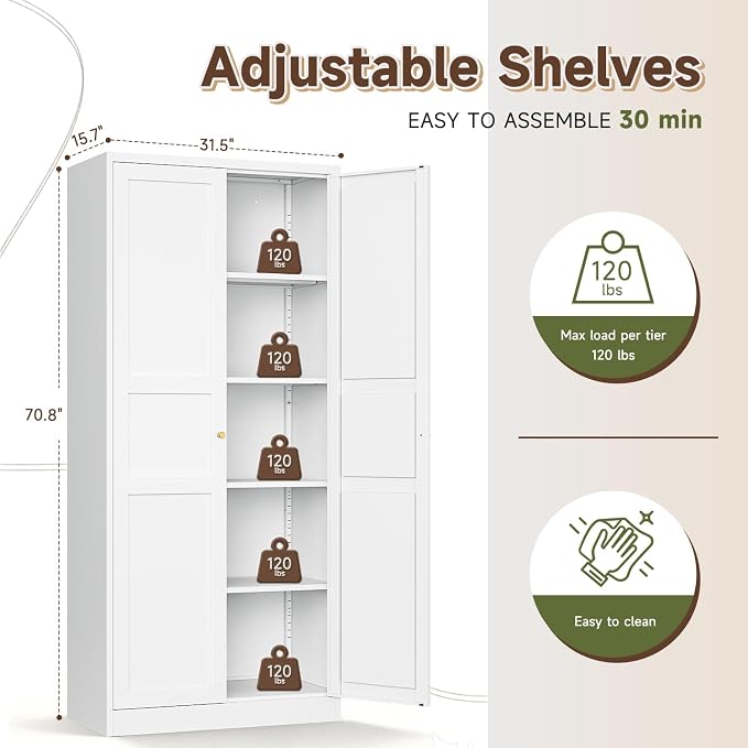 Letaya White Storage Cabinet with Adjustable Shelves-Metal Home Kitchen Pantry Cabinets with Doors,Organization Locker for Cupboard/Bedroom/Dining/Living/Bathroom/Office/Garage Room