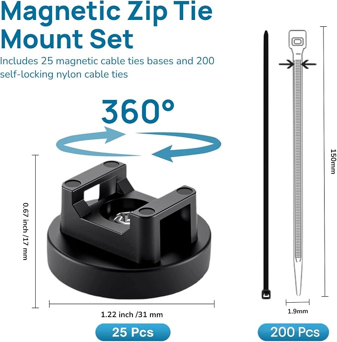 225-Pc Magnetic Cable Ties Set,Magnetic Zip Tie Mounts & Cable Ties | Magnetic Wire Holder, 25 Magnetic Cable Holders & 200 Zip Ties, Magnet Cable Tie Mounts for Cables, Wires, Cords, Hoses-31 mm