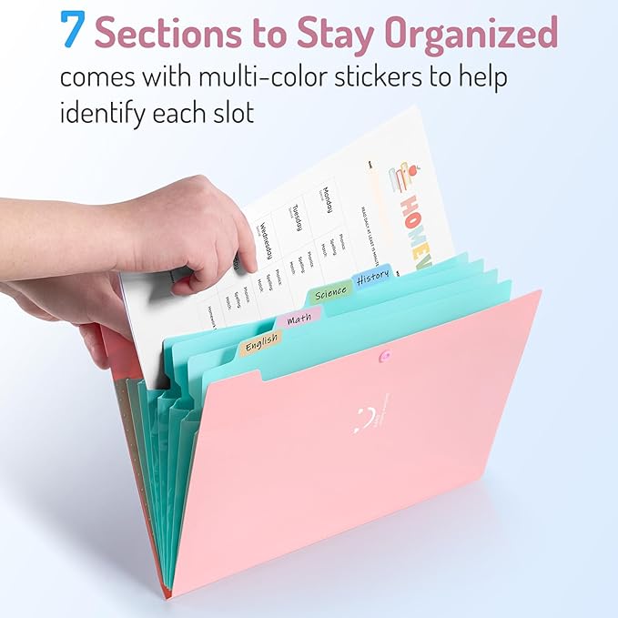 Forvencer Accordion File Organizer, Letter Size, 7 Pocket Expanding File Folder, Cute File Folder with Labels, Portable File Organizer for School Office Supplies, Folders for Documents, Pink