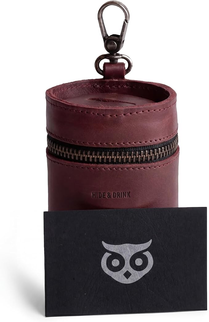 Hide & Drink, Money Box, Piggy Bank Bucket, Zippered Pouch, Cash Organizer, Coin Case, Full Grain Leather, Handmade (Sangria)