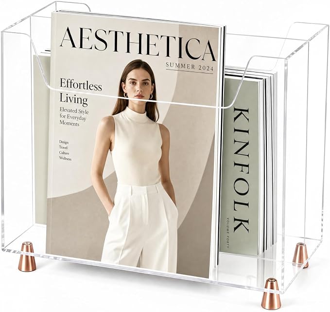 [Upgraded Size]Acrylic Magazine Holder, File & Magazine Rack Floor, Crystal Clear Desk Organizer with Gold Feet, Space-Saving Storage for Office Supplies,Home Office,Book,Newspaper,Study,Vinyl Record