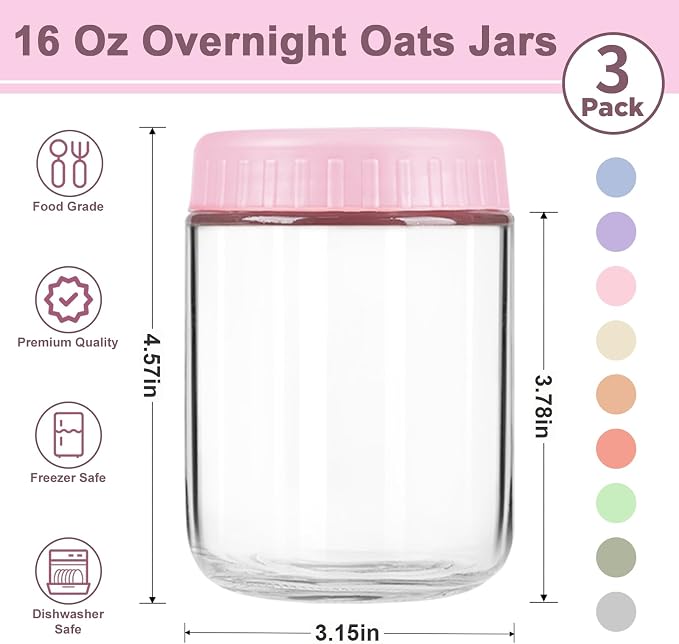 Overnight Oats Containers with Lids, 16oz Wide Mouth Mason Jars with Lids, 3 Pack Glass Jars with Airtight lid for Chia Pudding Yogurt Salad, Meal Prer Oatmeal Jars, Pink