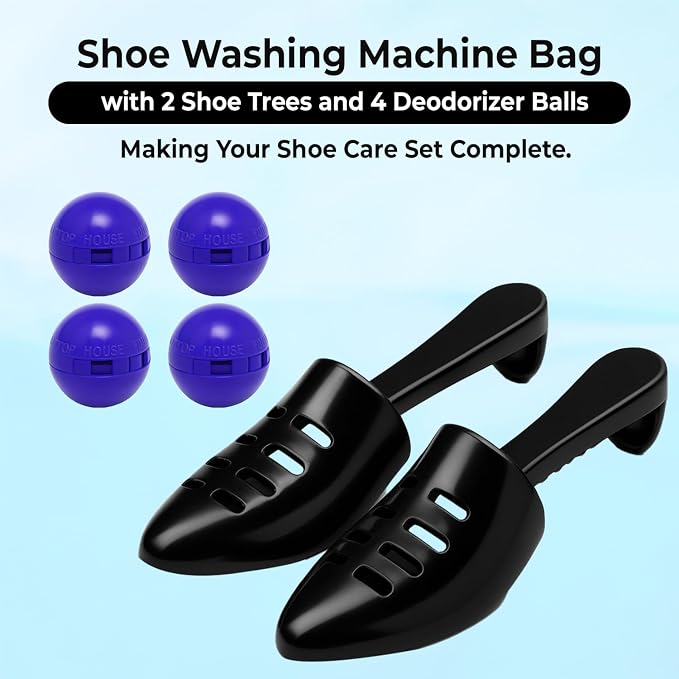 2PCS Shoe Washing Machine Bag with Pair of Shoe Tree and 4 Deodorizer Balls, Durable Zipper Reusable Shoe Washing Bag with 20000+ Fluffy Fiber Lining For 360° Cleaning for Sneakers (Blue)