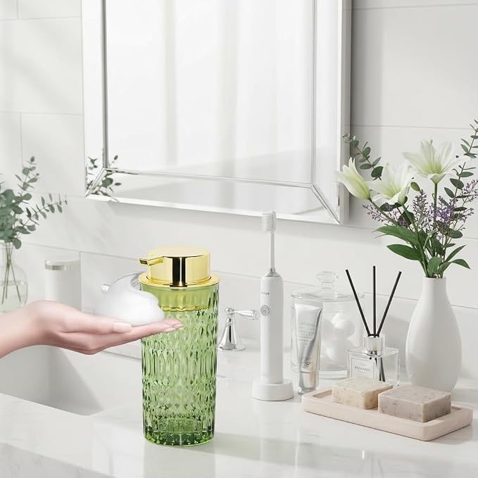 Foaming Soap Dispenser, Bathroom Green Glass Foam Soap Dispenser, Refillable 14 Oz Foam Pump Bottle Container with Gold Pump, Decorative Dish Soap Dispenser for Kitchen