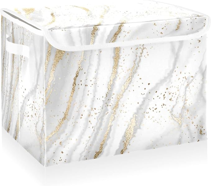 CaTaKu Large Fabric Storage Bins With Lids, Gold White Marble Storage Boxes With Handles for Organizing Clothes, Collapsible Storage Cube Bins Baskets for Shelves