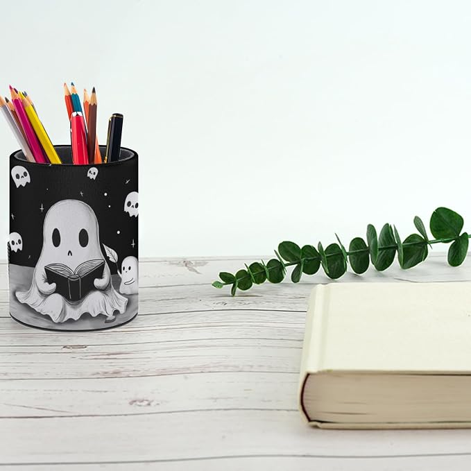 Cute Ghosts Pen Holder Pencil Cup for Desk Organizer | Cute Makeup Brush Holder PU Multifunctional Office Suppliesfor Decor Home Classroom School