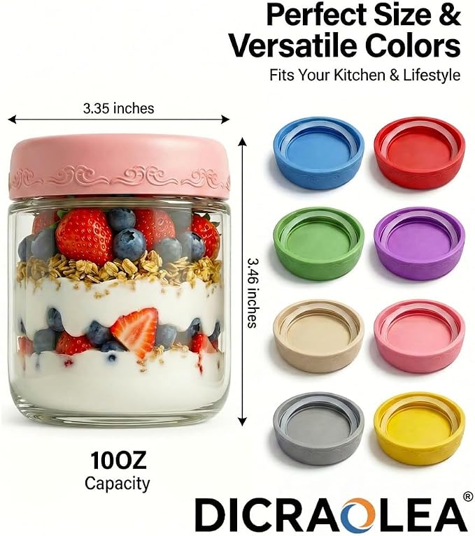 10oz 8Pack Glass Overnight Oats Jars Containers with Airtight Leakproof Lids, Reusable Mason Jars for Meal Prep, Yogurt Parfaits, Smoothies, Salads & Healthy Breakfasts(10oz-8Pack)