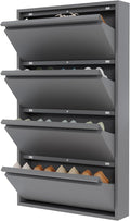 Garvee Slim Metal Shoe Cabinet with 4 Flip Drawers, Narrow Shoe Storage for Entryway, Wall Mounted or Floor Standing, Detachable Bottom Corners for Flexible Placement, Anti-Tip Safety Wall Mount