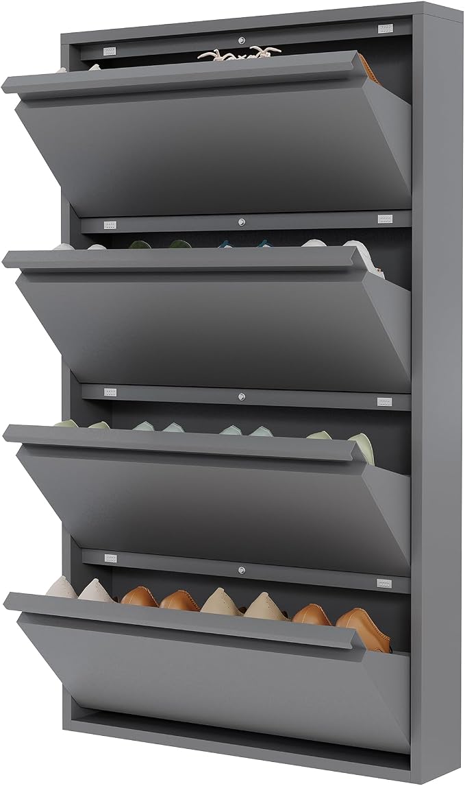 Garvee Slim Metal Shoe Cabinet with 4 Flip Drawers, Narrow Shoe Storage for Entryway, Wall Mounted or Floor Standing, Detachable Bottom Corners for Flexible Placement, Anti-Tip Safety Wall Mount