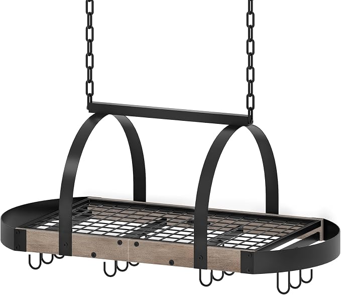 CHOEZON Hanging Pot Rack, Pot Hanger for Kitchen, Ceiling Mounted Pot Holder, Cookware Organizer with 12 S-Shaped Hooks, for Pot, Pan Storage, Space-Saving, Greige and Black TPR08BGC1