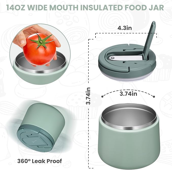 Itslife Soup Thermo for Hot Food Kids 25.5oz Lunch Containers with Buckle Lid Wide Mouth Hot Food Jar Vacuum Insulated Stainless Steel Bento Box Leakproof with Spoon (Green3, 14oz)