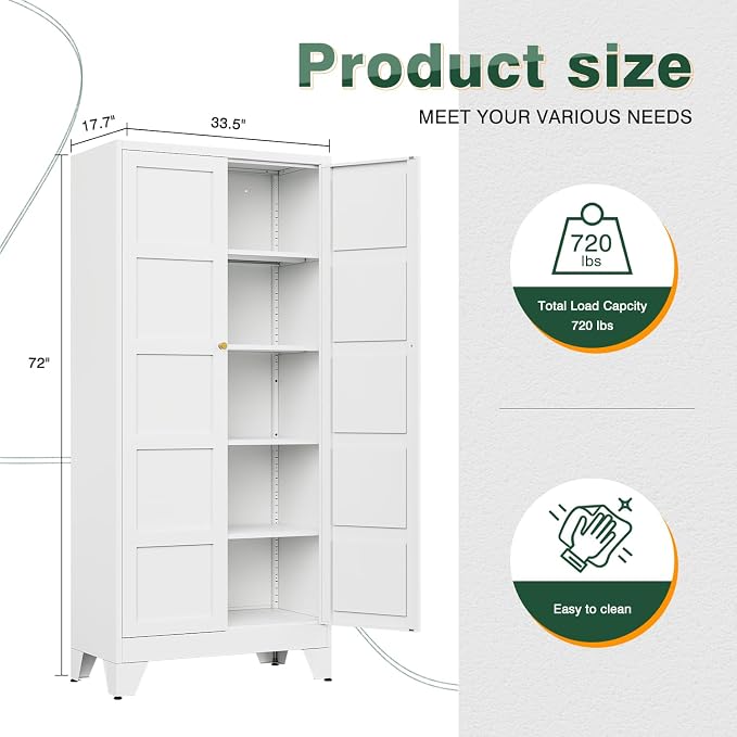 Letaya 72" H Metal Storage Cabinet with 2 Doors and 4 Shelves,Tall Kitchen Pantry Cabinets,Utility Pantry Organizers for Cupboard/Dining/Bathroom/Home Office/Garage (White, 72" H x 18" D x 33.5" W)