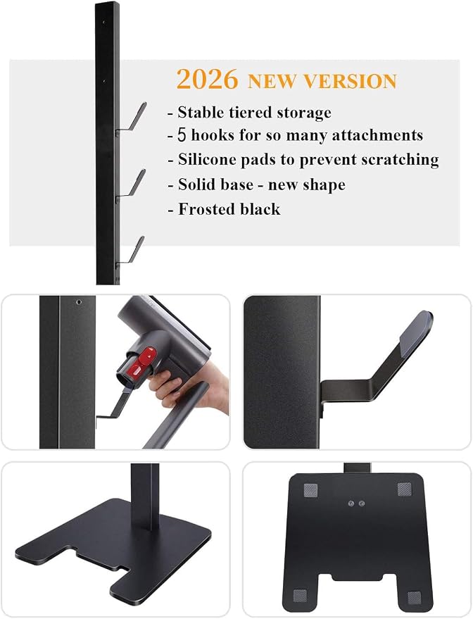 XIGOO Dyson Vacuum Stand with 5 Hooks, Black | Compatible with V15 Detect V11 V10 V8 V7 V6 Cordless Vacuum Cleaners & Accessories, Stable Metal Bracket Organizer Rack