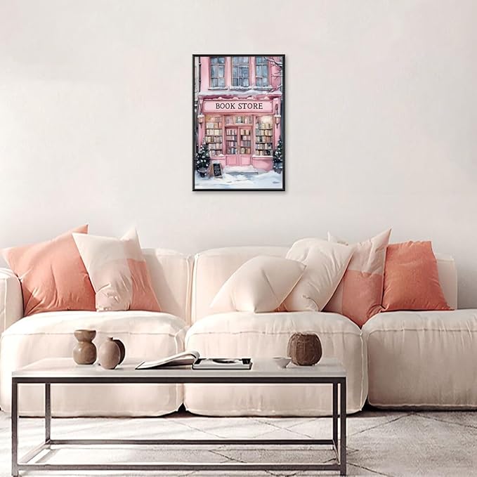 Winter Bookshop Snowy Art Aesthetic Poster Canvas Wall Art Decoration Living Room Home Decor Bedroom Decoration Poster black framed20x30inch