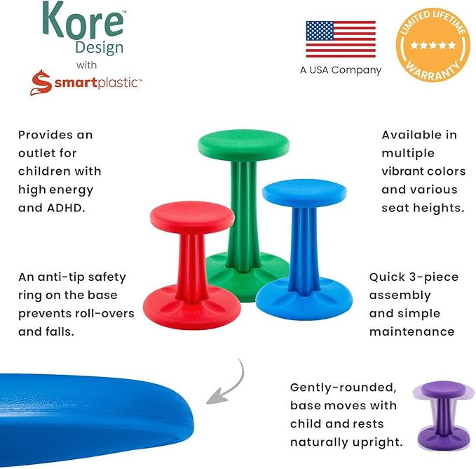 KORE Design Wobble Stool Chair, Girls + Boys Kid Desk Stools, Ergonomic Small Office Chairs, Flexible Seating for Active Kids, ADD/ADHD, Classroom, School, Home, Preschool (12in), Age 4-5 yrs, Red
