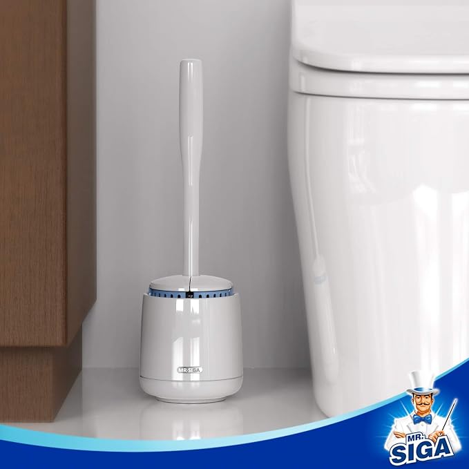 MR.SIGA Toilet Bowl Brush and Holder, Sturdy Long Handle, White, 2 Pack | Automatic Lid Design, toilet brush and holder set with replaceable toilet head, toilet bowl cleaner brush, toilet scrubber
