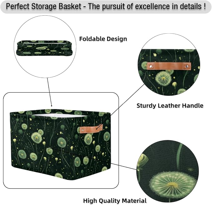 Rectangular Storage Baskets Dark Green Glow Dandelion Print Fabric Storage Bin Toy Organizer Box with PU Leather Handles for Room Decor