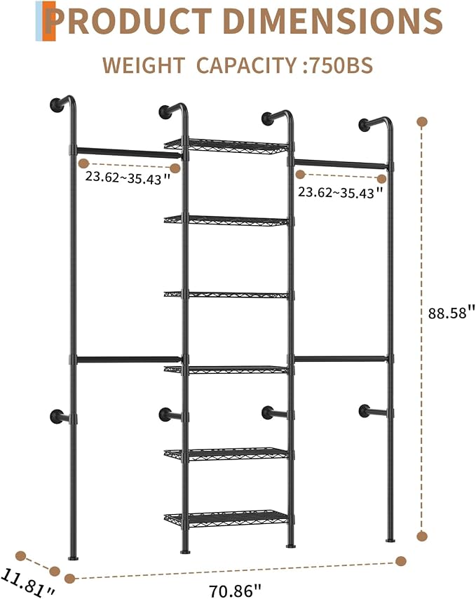 Garvee L3 Wall Mounted Pipe Closet System, Matte Black | Carbon Steel, Expandable Rods 23.62-35.43 in, 6 Wire Shelves, Closet Storage