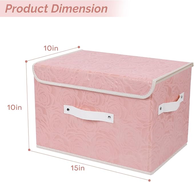 Lucky Monet Cute Storage Bin Boxes with Lids Washable Decorative Storage Boxes Pink Lidded Storage Baskets Collapsible Fabric Box Cubes with PU Leather Handles for Shelf Closet, 1 Pack Pink, Large