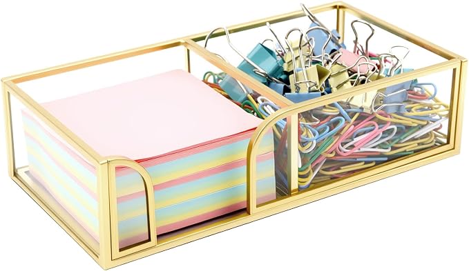 Glass Sticky Note Holder,2 Slots Gold Post It Note Dispenser for Desk,3 x 3 Inch Post It Note Holder, Stylish Sticky Note Dispenser for Home Office Desk Table Drawer