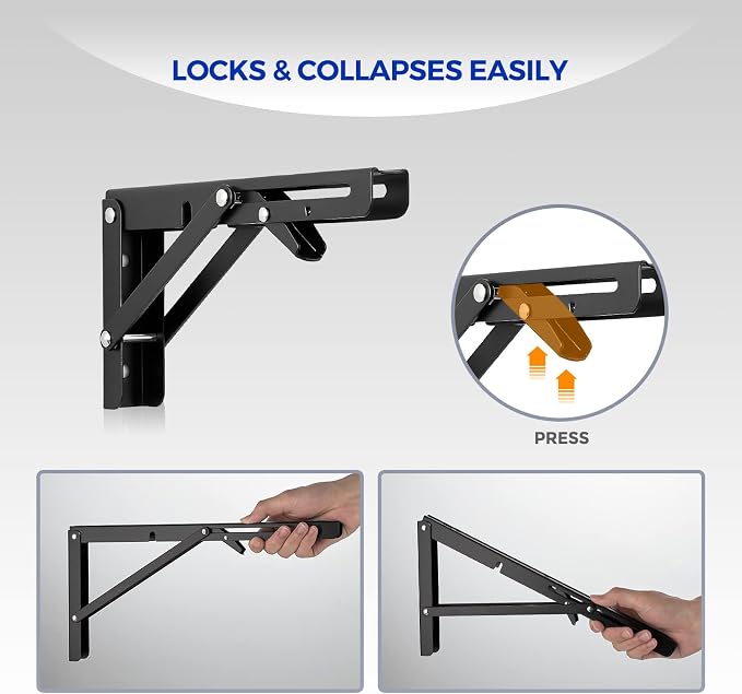 Ravinte Matte Black Folding Shelf Brackets, 14 Inch, 4 Pack | Collapsible Bracket Design, Table And Bench Support, Space-Saving Shelf Setup, For Worktops, Laundry Rooms, Garage Projects
