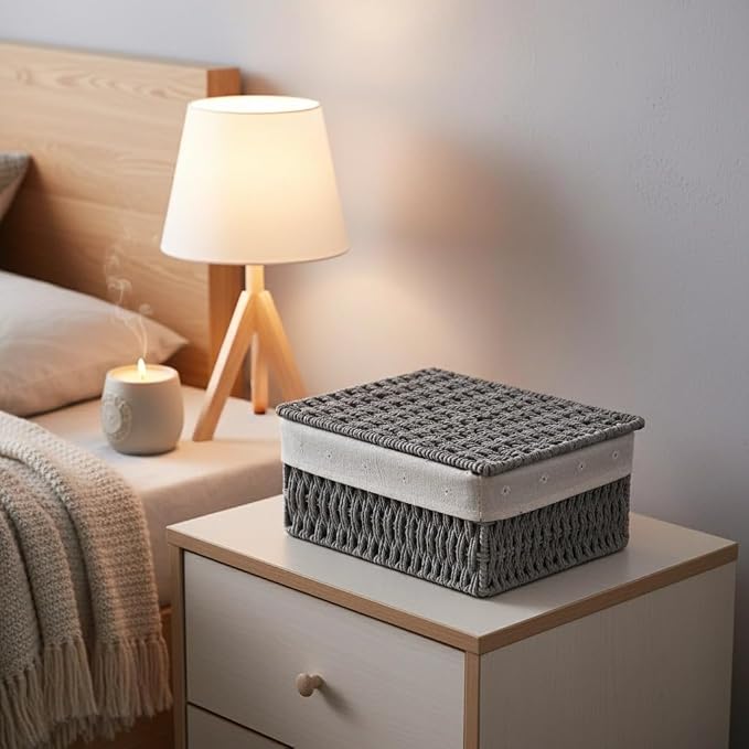 1PC Woven Storage Basket with Lid for Closet Shelf-Grey Medium | Bathroom, Closet & Shelf Storage Basket, Sewing & Towel Basket, Blanket & Toy Storage, Woven Basket with Liner