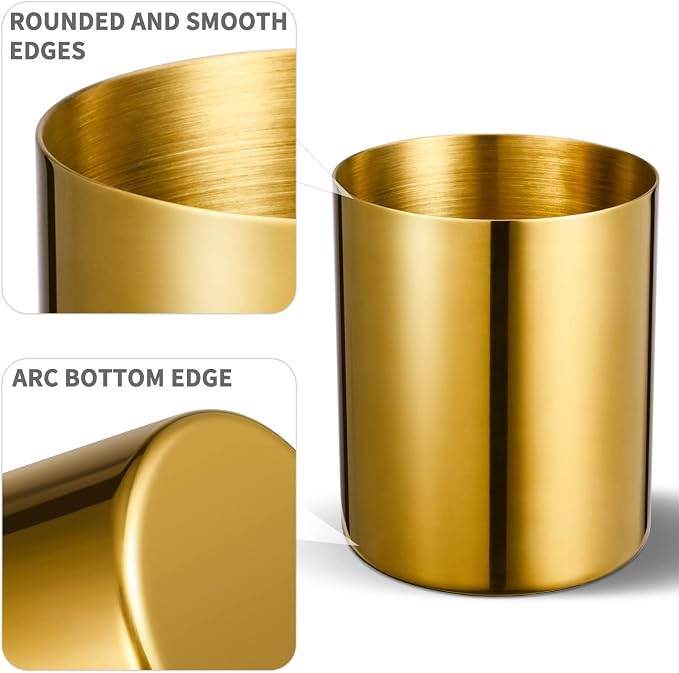 Golden 304 Stainless Steel Pen Holder & Pencil Cup, Metal Desk Caddy & Desktop Stationery Organizer, Mirror Finish & Vacuum Plating(2-Piece Set)