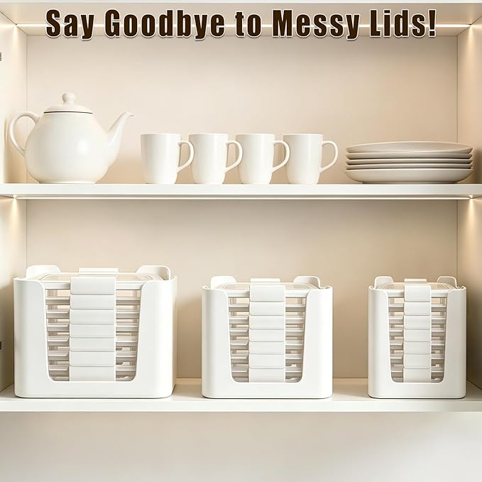 Stackable Food Container Lid Organizer, for Rubbermaid Brilliance Snap-on Lids, 3-Piece Kitchen Cabinet Storage Holds 24 Lids,White